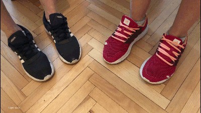 Two Lady’s Worn Gym Shoes Toe Wiggling Inside Sneakers –